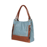 Grey faux leather textured tote bag with zipper closure and dual handle