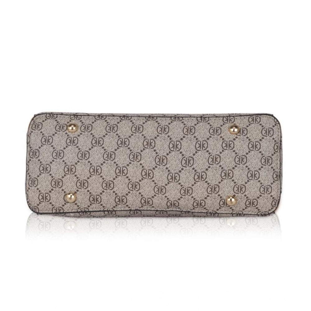 Camel faux leather printed handbag with dual handle, synthetic lining and zipper closure