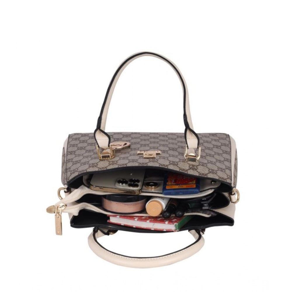 Beige faux leather printed handbag with dual handles, synthetic lining, and zipper closure