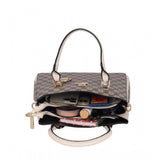Beige faux leather printed handbag with dual handles, synthetic lining, and zipper closure
