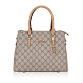 Camel faux leather printed handbag with dual handle, synthetic lining and zipper closure