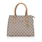 Camel faux leather printed handbag with dual handle, synthetic lining and zipper closure