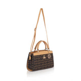 Camel faux leather printed handbag with dual handle, synthetic lining, and zipper closure