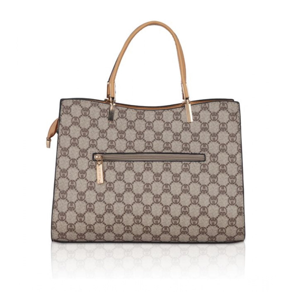 Faux leather printed handbag (Camel), synthetic lining, dual handle design, realistic camel color on display