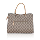 Faux leather printed handbag (Camel), synthetic lining, dual handle design, realistic camel color on display