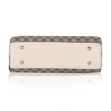 Beige faux leather printed handbag with dual handle, featuring synthetic inner material and zipper closure