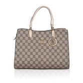 Beige faux leather printed handbag with zipper closure and dual handle, synthetic lining for everyday wear