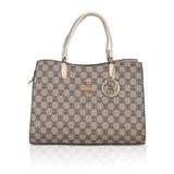 Beige faux leather printed handbag with zipper closure and dual handle, synthetic lining for everyday wear