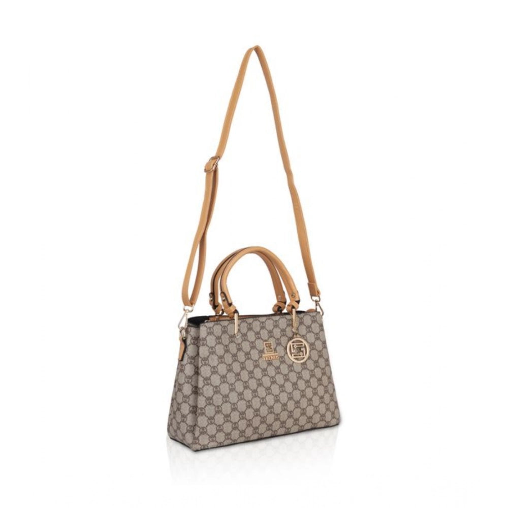 Faux leather printed camel handbag with dual handles and zipper closure