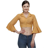 Mustard cotton striped ready-made blouse, free size - women's fashion apparel with shirt collar & 3/4 sleeves