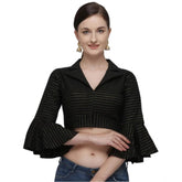 Black cotton striped readymade blouse for women with 3/4 sleeves and shirt collar, free size