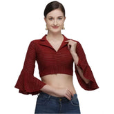 Maroon free size cotton striped readymade blouse with 3/4 sleeve and shirt collar