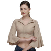 Beige free size cotton striped readymade blouse for women - 3/4 sleeve, shirt collar style