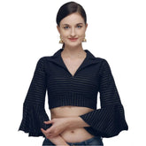 Navy Blue Cotton Striped Readymade Blouse - Free Size women's casual clothing, striped pattern, 3-4th sleeve, shirt collar