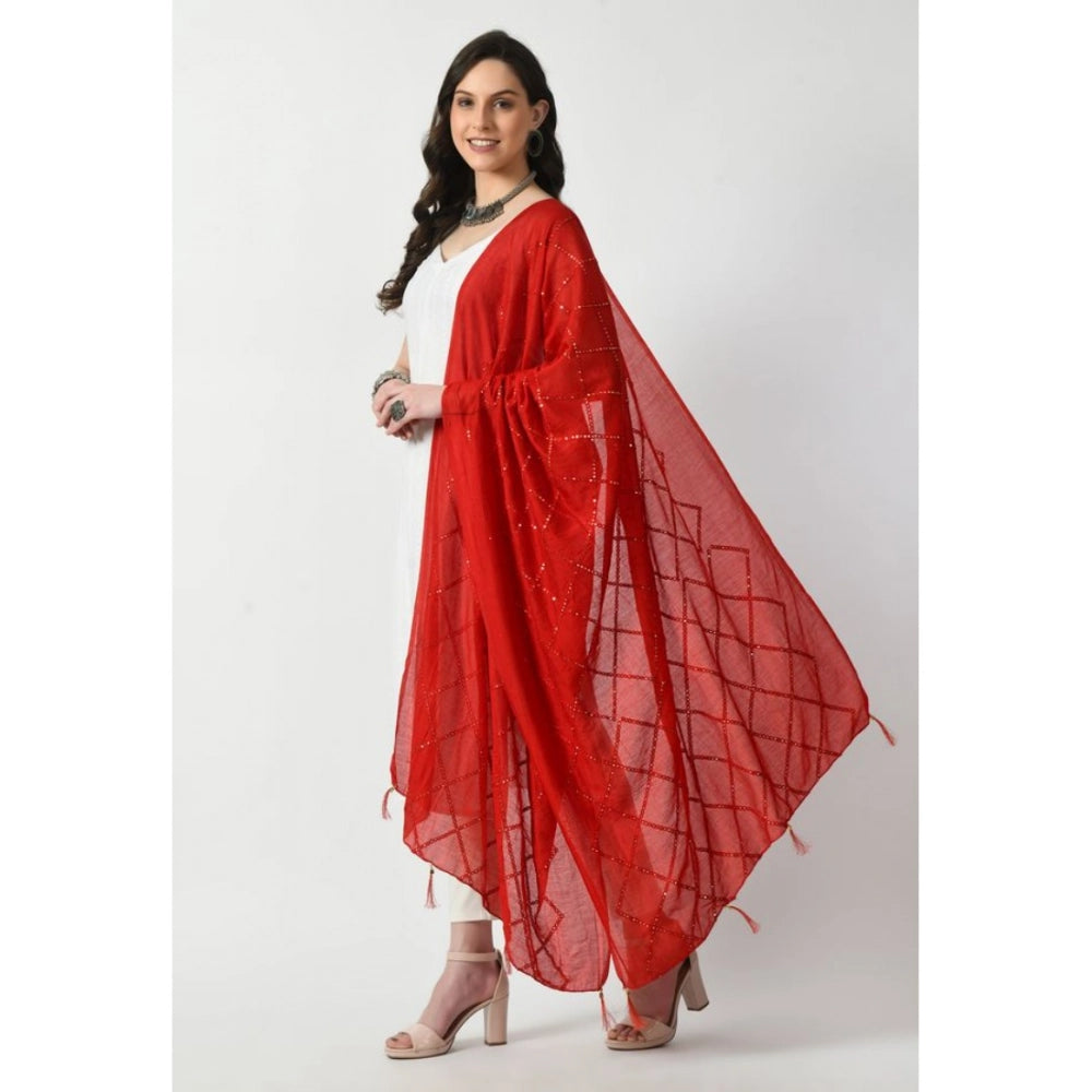 Red Chanderi self-designed dupatta for festive occasions, free size length