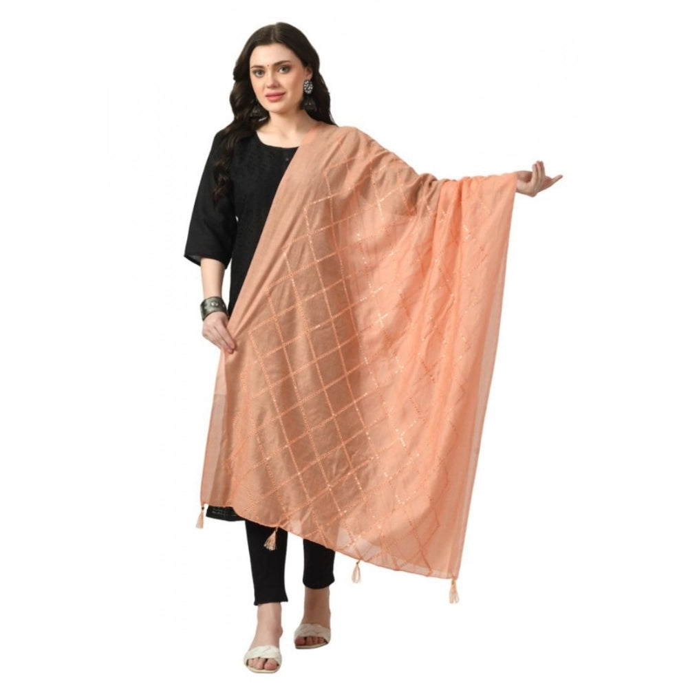 Peach Chanderi self-design dupatta for women's festive wear, free size length
