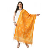 Yellow cotton printed dupatta, free size for festive occasions, women's wear on mannequin