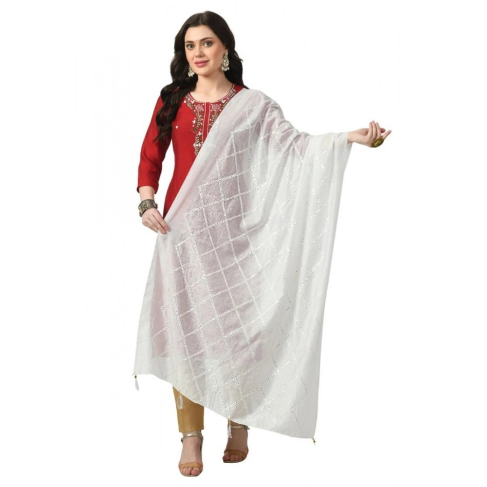White Chanderi self-design dupatta, free size for festive occasions