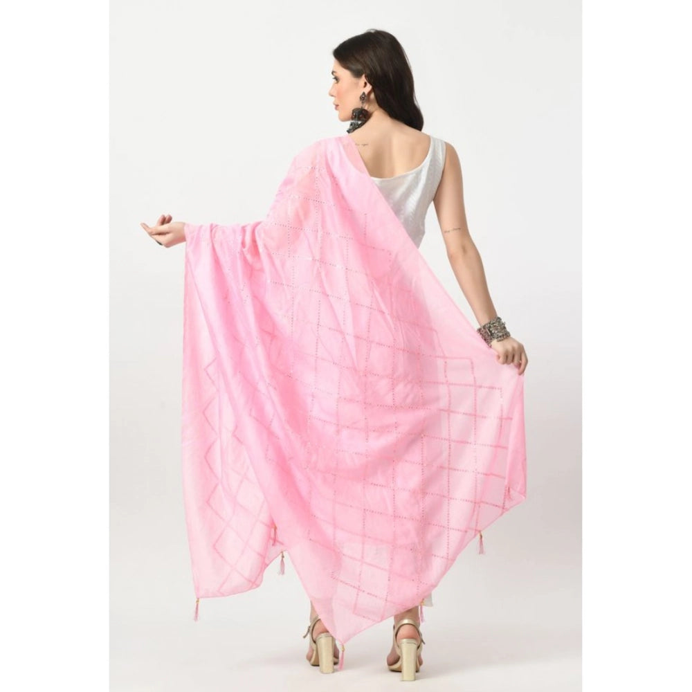 Pink chanderi self-design dupatta for festive occasions, free size length