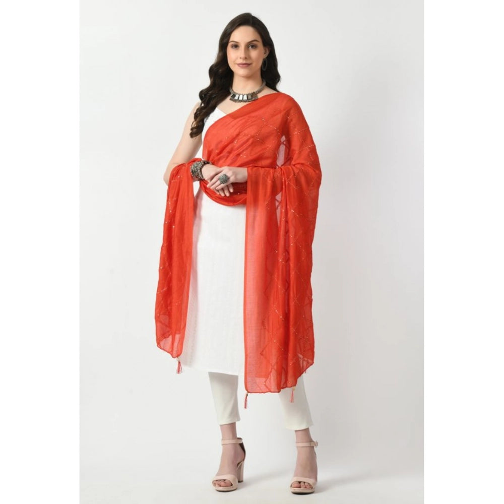 Orange Chanderi self-design dupatta for festive occasions, free size length