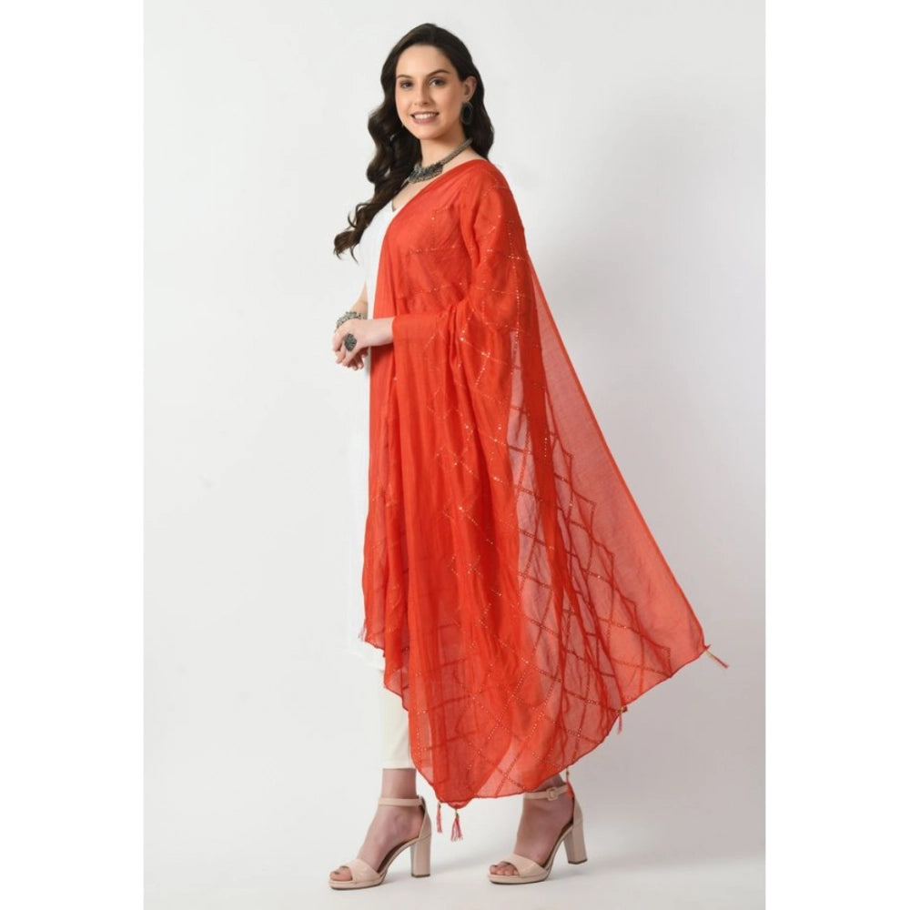 Orange Chanderi self-design dupatta for festive occasions, free size