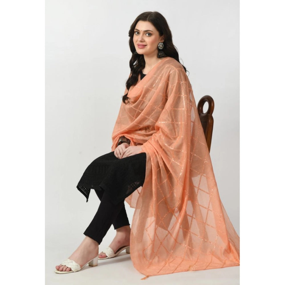 Peach Chanderi self-design dupatta for women's festive wear, free size length