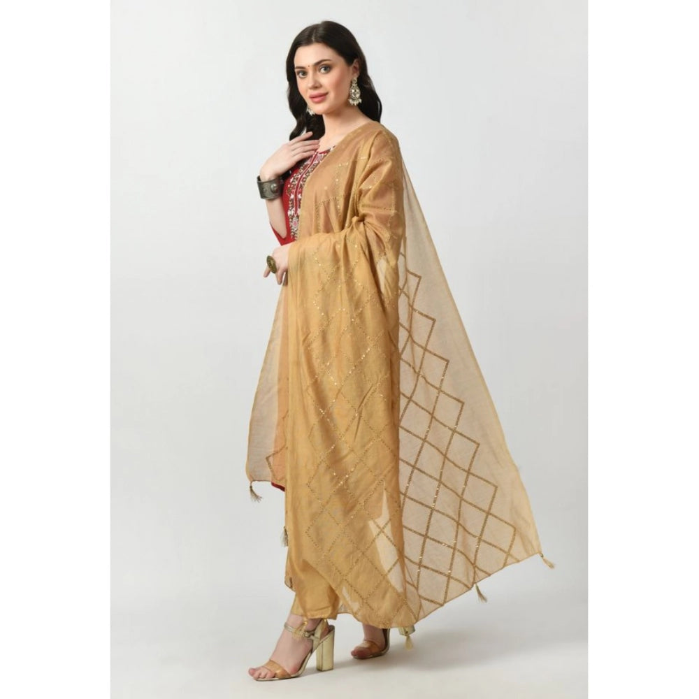 Gold Chanderi self-design dupatta for women's festive wear, free size length, variances in displayed color due to lighting & screen resolution