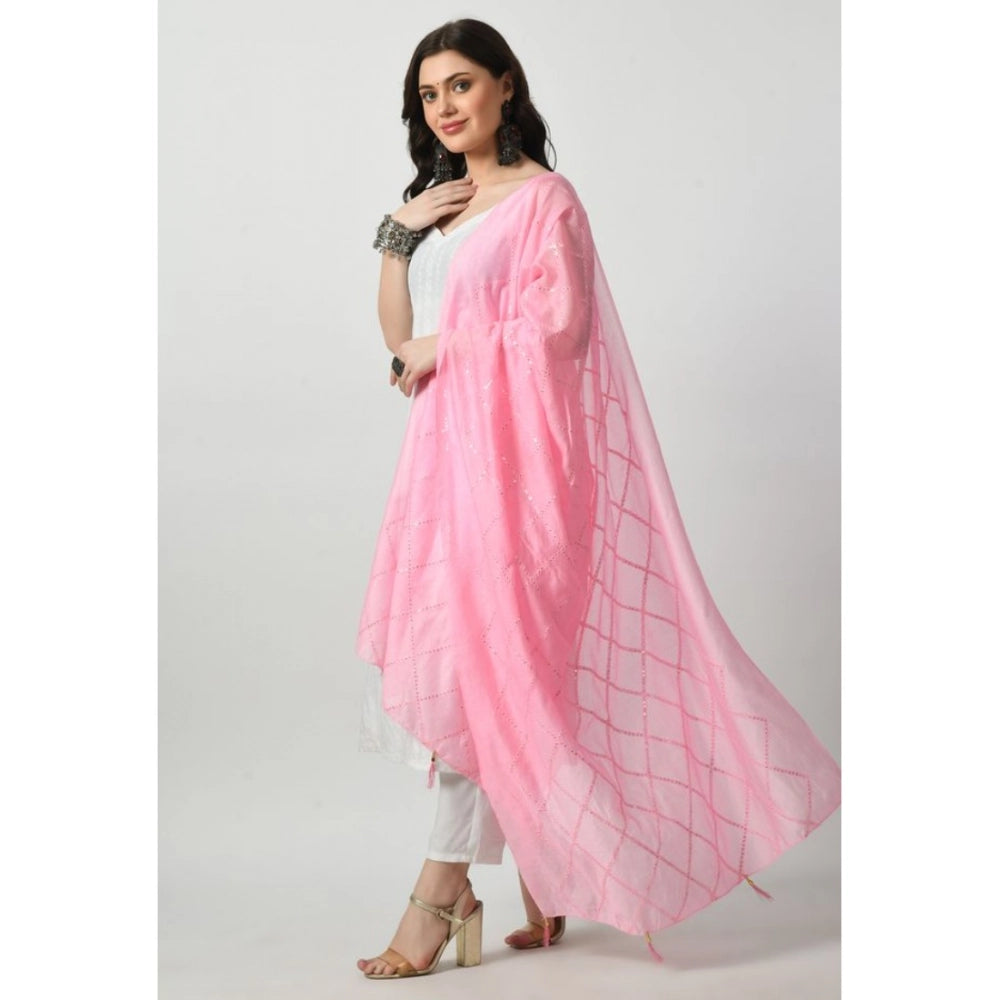 Pink Chanderi self-design dupatta, free size, ideal for festive occasions