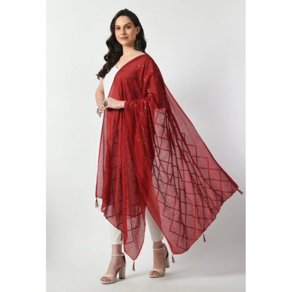 Maroon Chanderi self-design dupatta for festive occasions, free size length