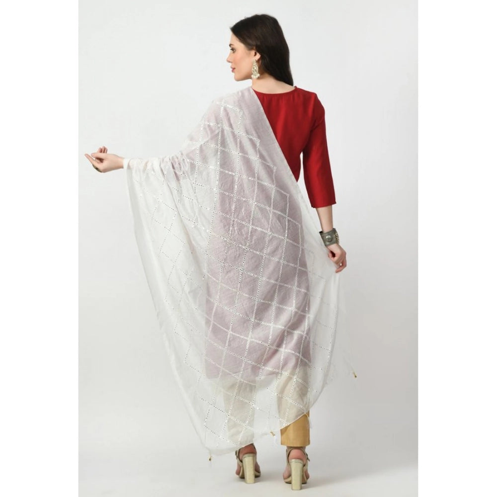 White Chanderi self-design dupatta for festive occasions, free size length
