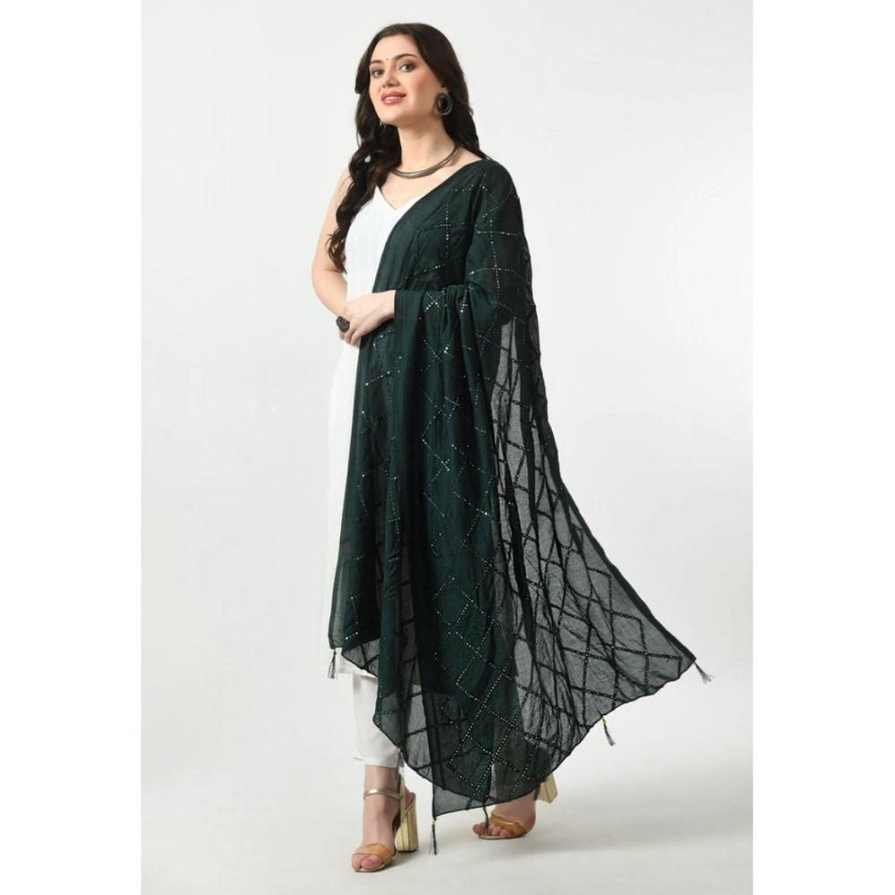 Green Chanderi self-design dupatta for festive occasions, free size length