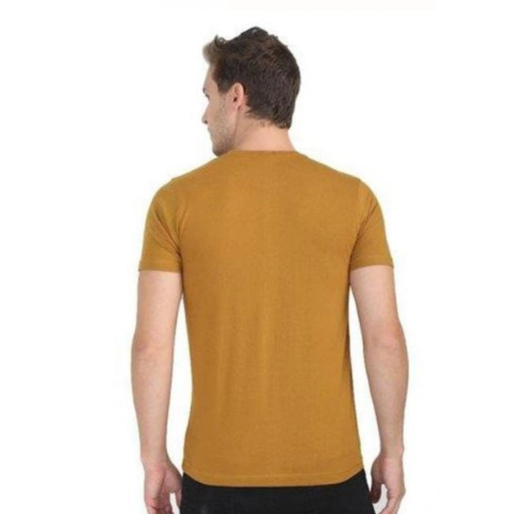 Men's casual short sleeves mustard cotton round neck T-shirt with regular fit, solid pattern