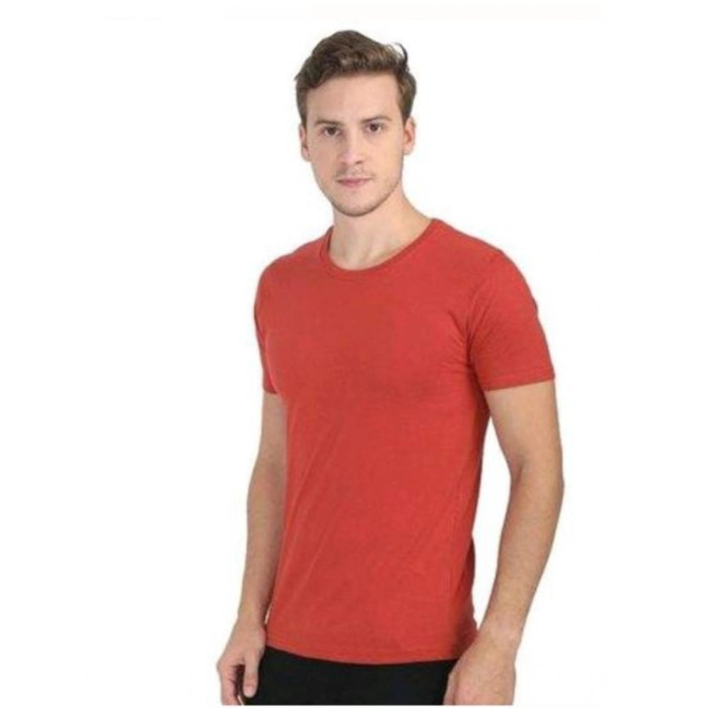 Red cotton men's casual short sleeves round neck t-shirt, solid design for everyday wear