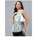WhiteGreen printed cotton women's casual sleeveless top with V-neck, hip length design