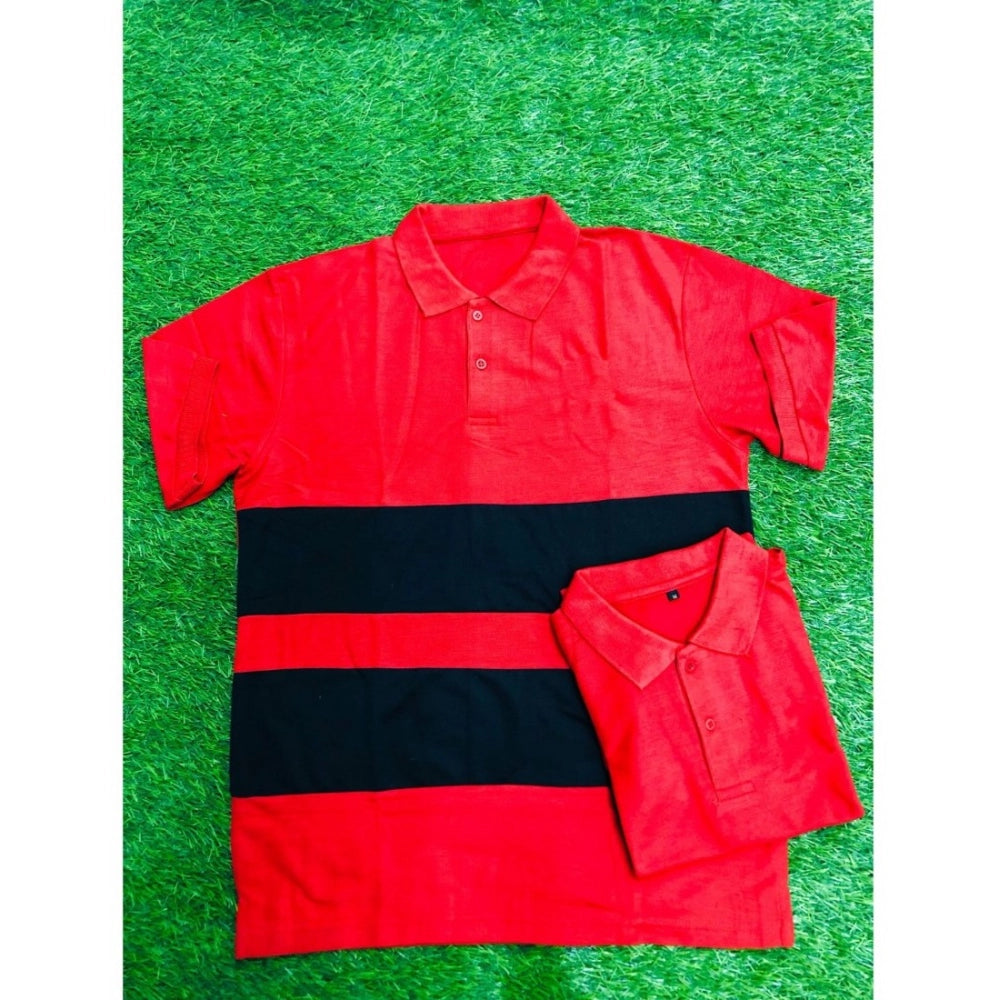 Red cotton casual polo neck t-shirt for men, solid design with short sleeves on a model
