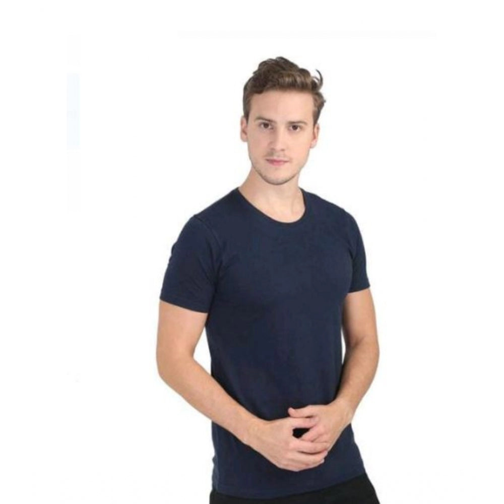 Navy blue cotton round neck t-shirt for men, solid pattern, casual short sleeves