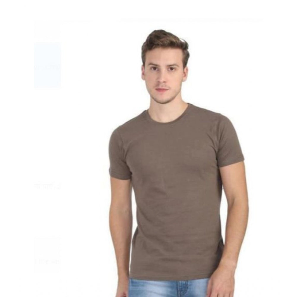 Khaki cotton men's casual short sleeves round neck t-shirt, solid pattern for regular fit
