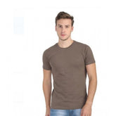 Khaki cotton men's casual short sleeves round neck t-shirt, solid pattern for regular fit