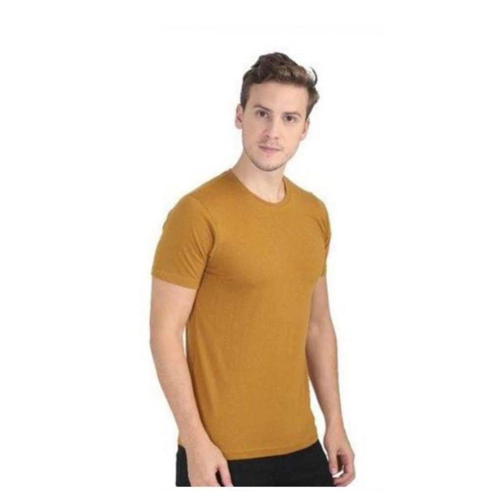 Mustard cotton men's casual round neck short sleeves t-shirt, solid pattern
