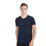 Navy blue cotton men's casual short sleeve solid round neck T-shirt for regular fit