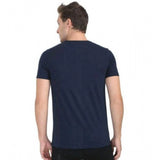 Navy blue cotton casual short sleeves round neck t-shirt for men, solid pattern on display