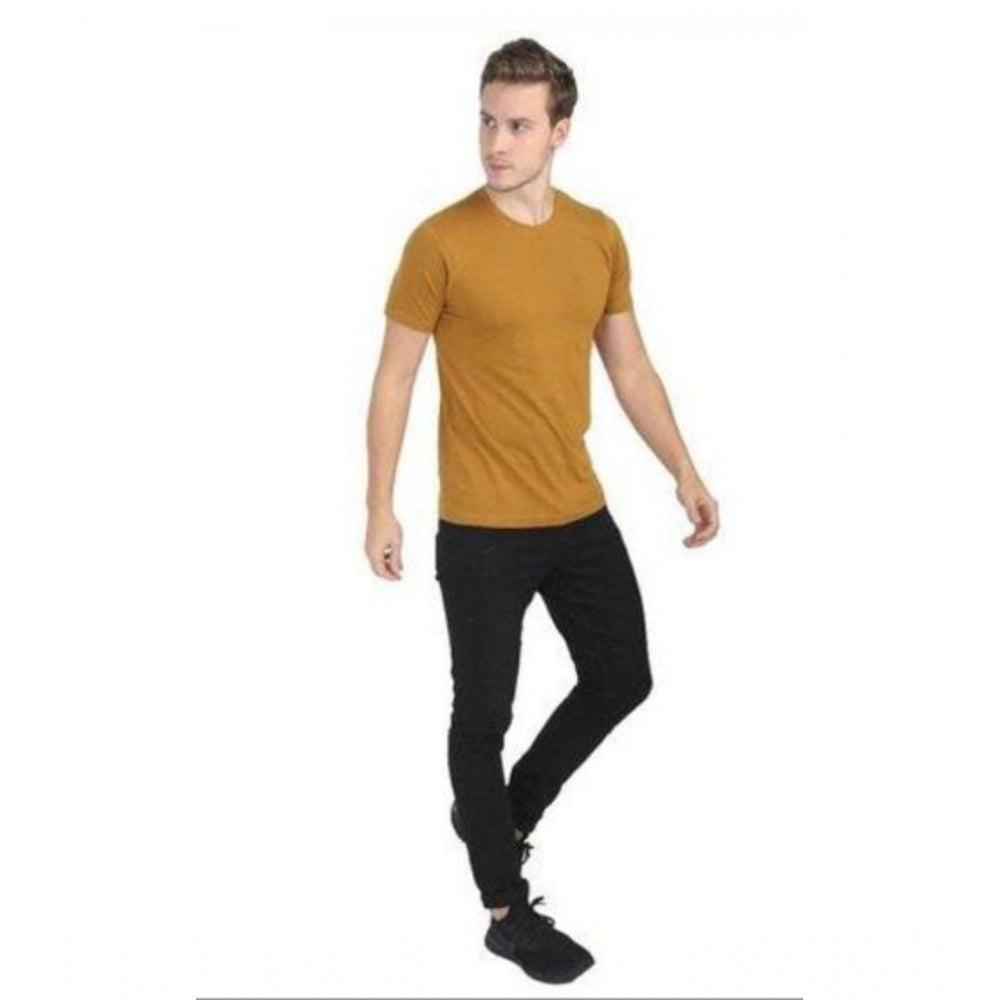 Mustard cotton men's casual round neck T-shirt with short sleeves, solid pattern