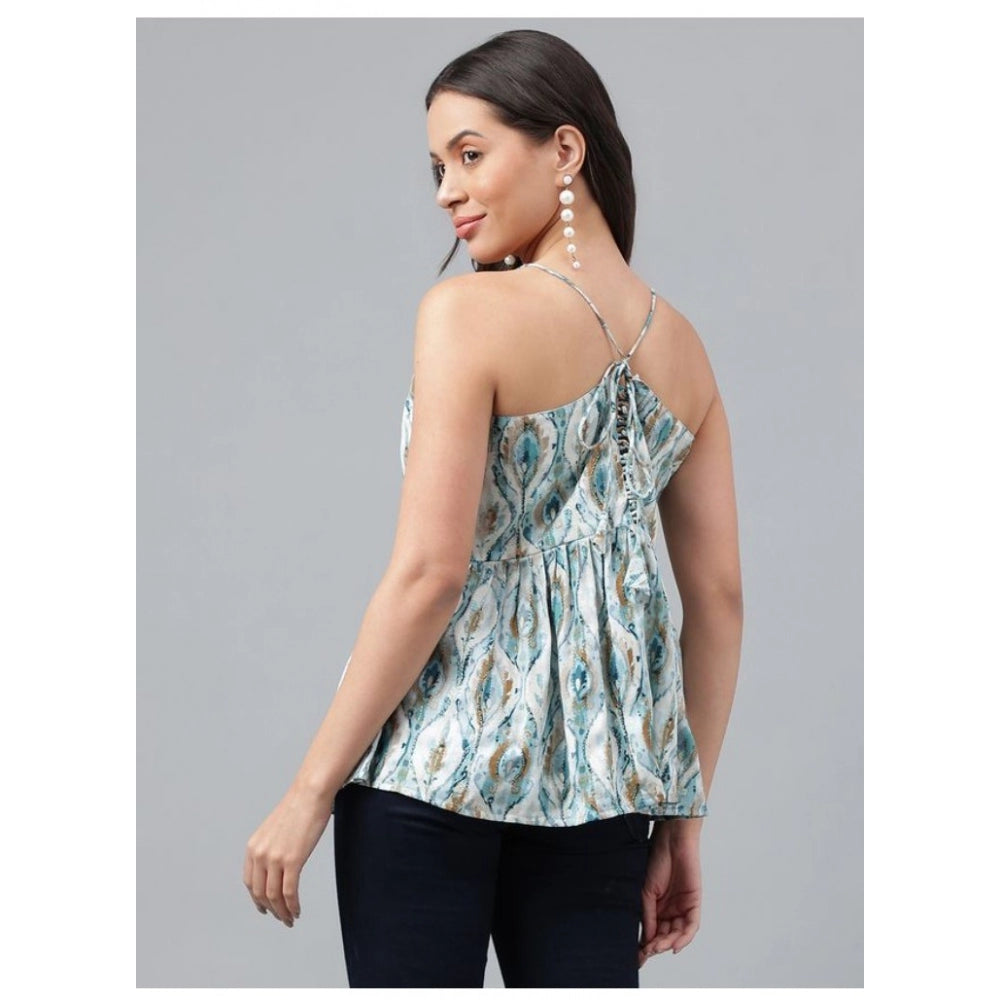 WhiteGreen printed cotton women's casual sleeveless top with V-neck on mannequin