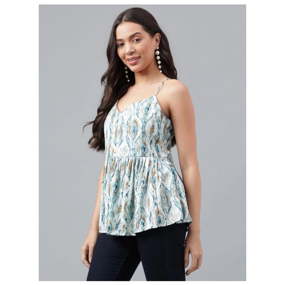 WhiteGreen printed cotton women's casual sleeveless top with V-neck and hip length, displayed on a mannequin