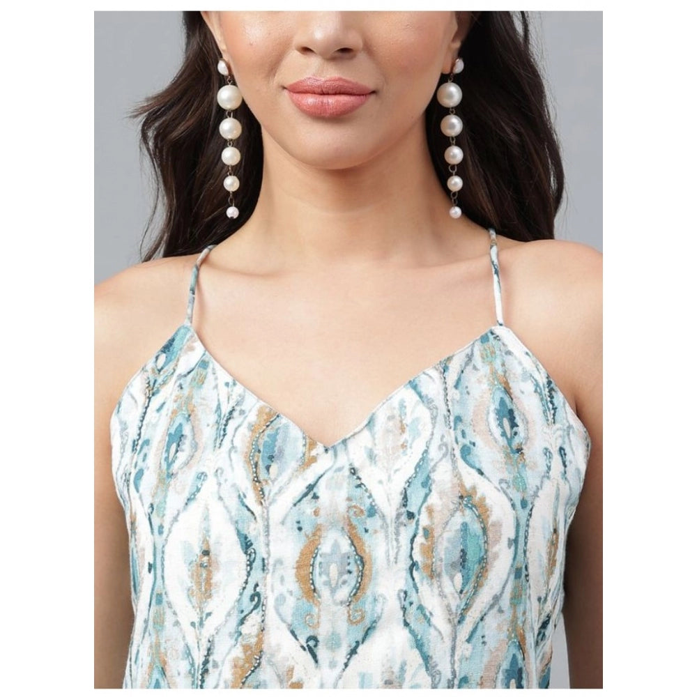 WhiteGreen printed cotton women's casual sleeveless top with V-neck, hip length