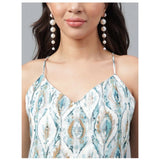 WhiteGreen printed cotton women's casual sleeveless top with V-neck, hip length