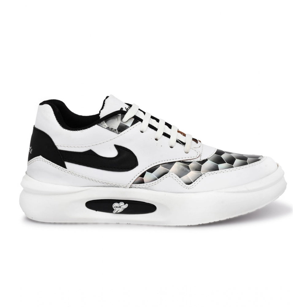 Black synthetic leather men's casual shoes on model feet, flat heel style