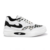 Black synthetic leather men's casual shoes on model feet, flat heel style