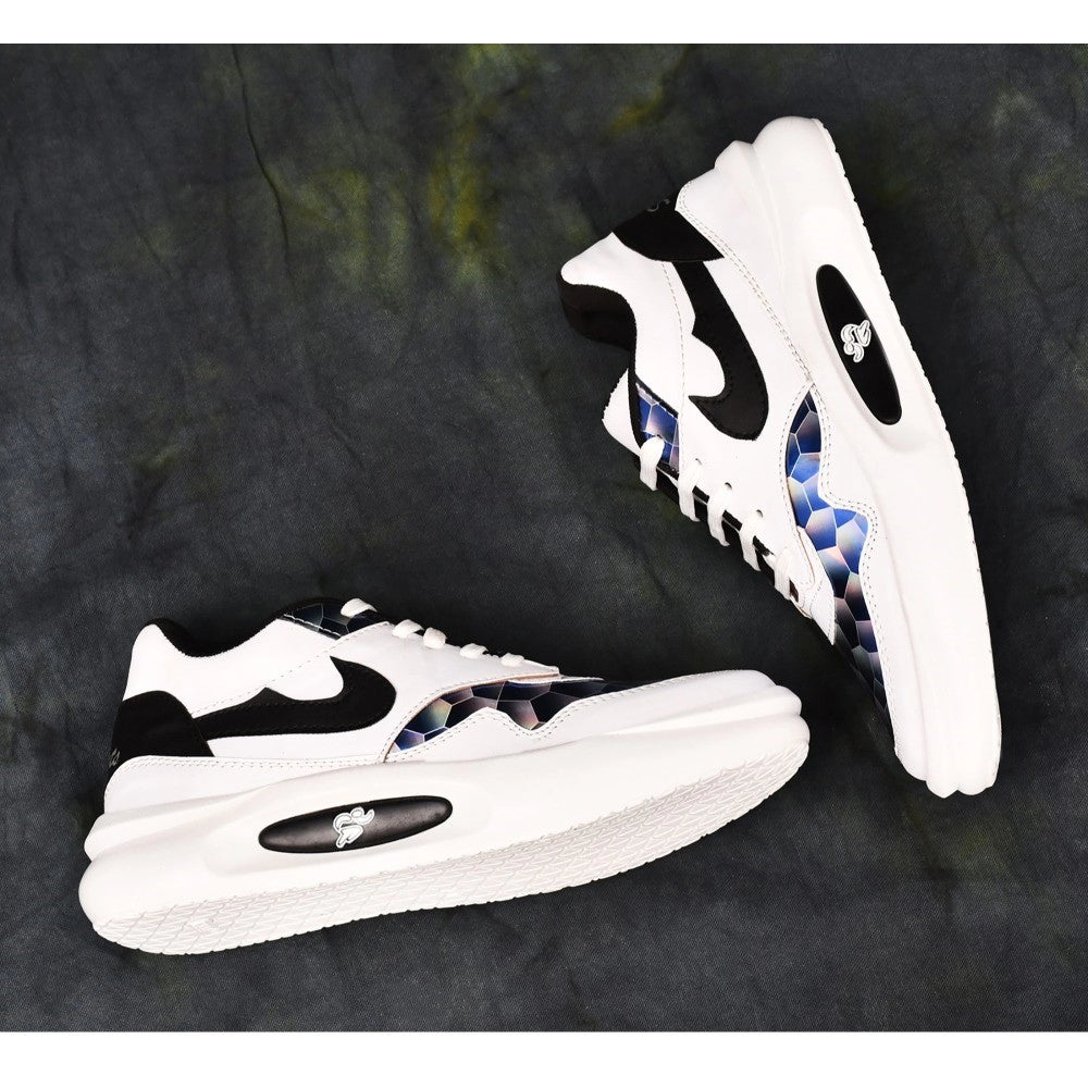 Black synthetic leather casual men's shoes on wooden surface, lace-up flat style for everyday wear