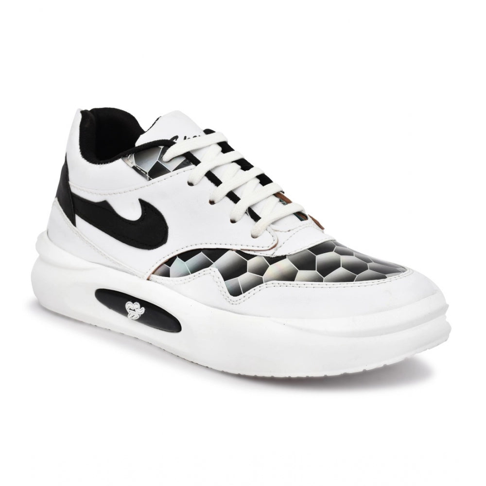 Black synthetic leather men's casual shoes on foot, lace-up flat style